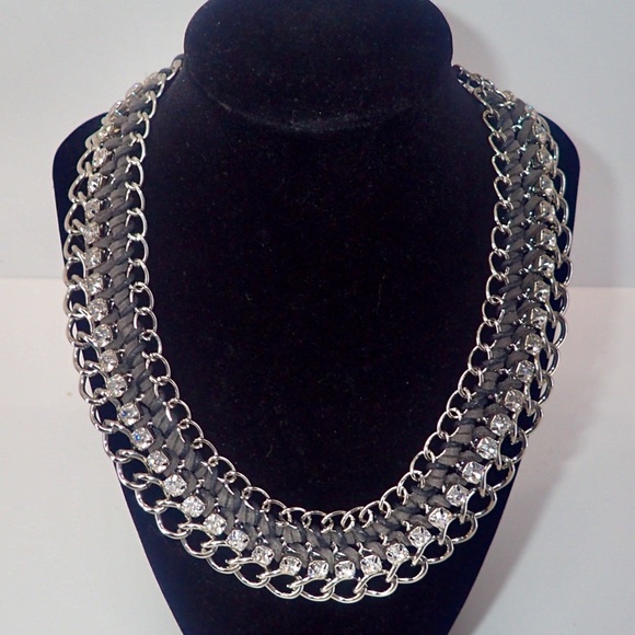 Vtg Black Leather Rhinestone Wide Silver Tone Necklace Bracelet Matching Set - Picture 2 of 12